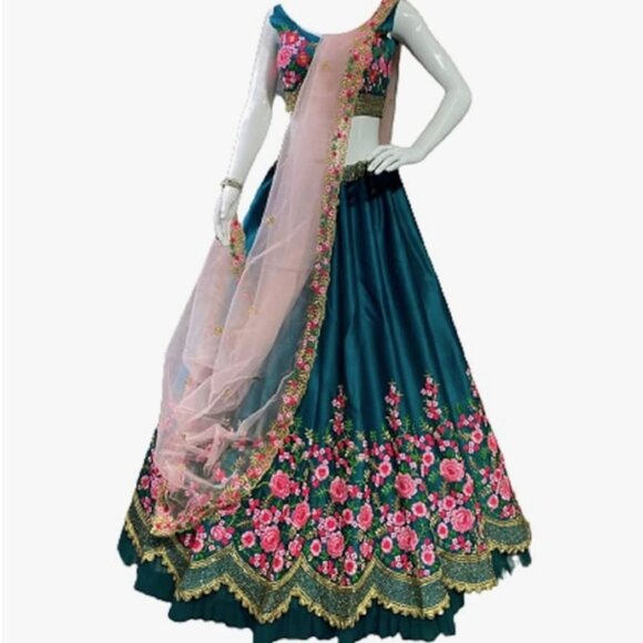 Babyhug Bell Sleeves Choli And Lehenga With Dupatta - Blue Pink